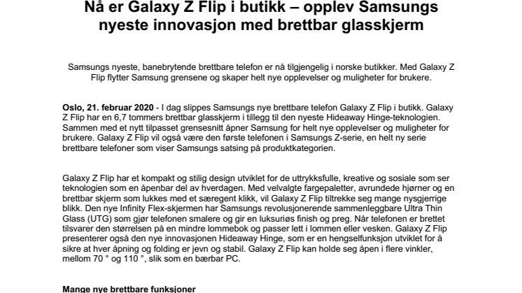 Nå er Galaxy Z Flip i butikk – opplev Samsungs nyeste innovasjon med brettbar glasskjerm