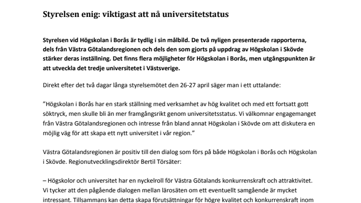 Högskolan i Borås styrelse enig: viktigast att nå universitetstatus 