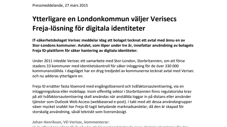 Ytterligare en Londonkommun väljer Verisecs Freja-lösning för digitala identiteter