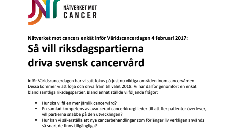 Nätverket mot cancers enkät inför Världscancerdagen 4 februari 2017: Så vill riksdagspartierna driva svensk cancervård