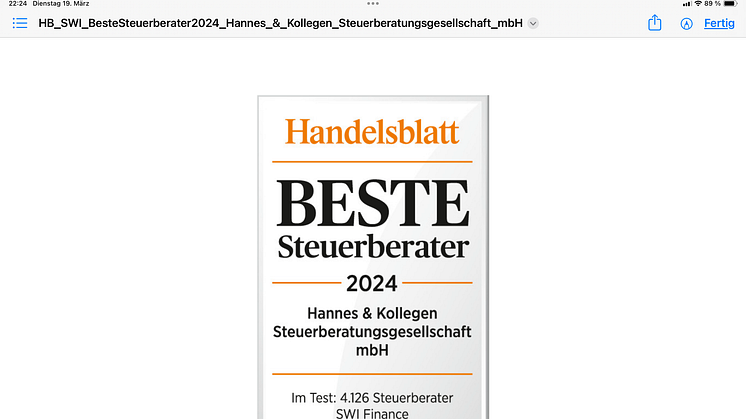Das Handelsblatt zeichnet Deutschlands beste Steuerberater 2024 aus: Hannes & Kollegen gehört dazu!