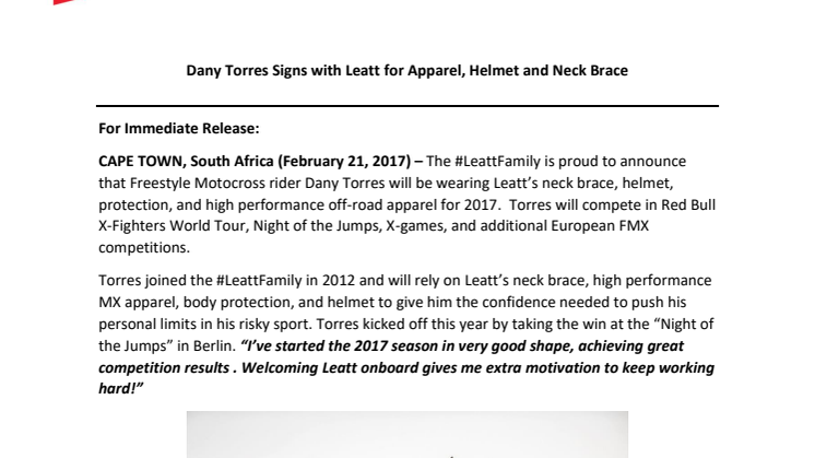 Dany Torres Signs with Leatt for Apparel, Helmet and Neck Brace