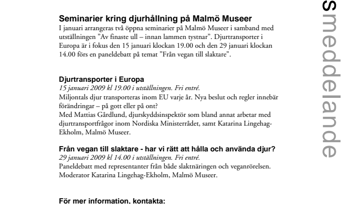 Seminarier om djurhållning på Malmö Museer