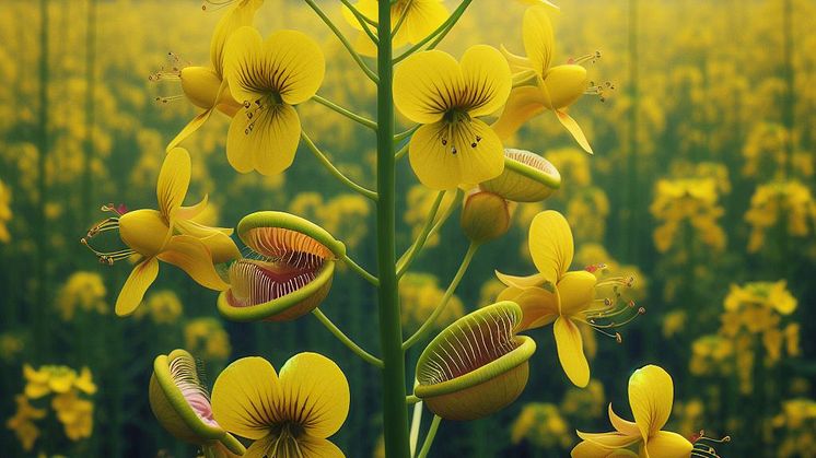 Genom att korsa vårraps med den köttätande Dionaea Muscipula tror sig Hushållningssällskapet hittat lösningen på rapsbaggens framfart.