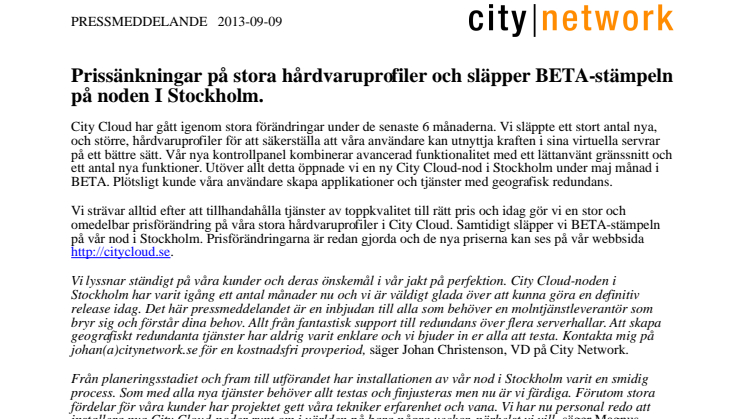 Stora prissänkningar i Sveriges största molntjänst City Cloud