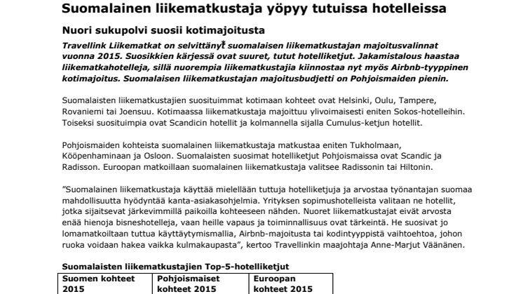 ​Suomalainen liikematkustaja yöpyy tutuissa hotelleissa