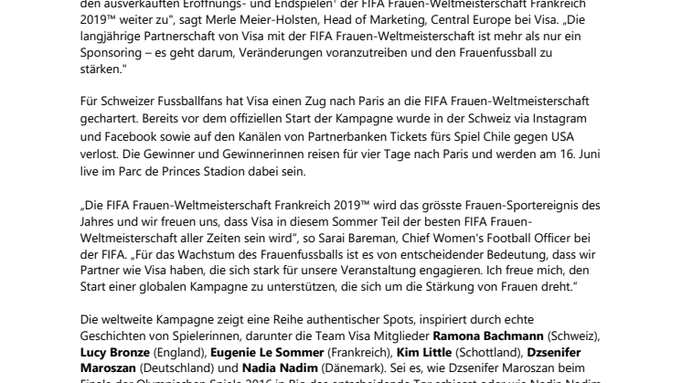 Visa startet weltweite Marketingkampagne zur FIFA Frauen-Weltmeisterschaft Frankreich 2019™ 
