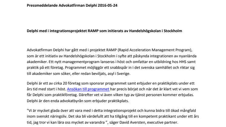 Delphi med i integrationsprojektet RAMP som initierats av Handelshögskolan i Stockholm