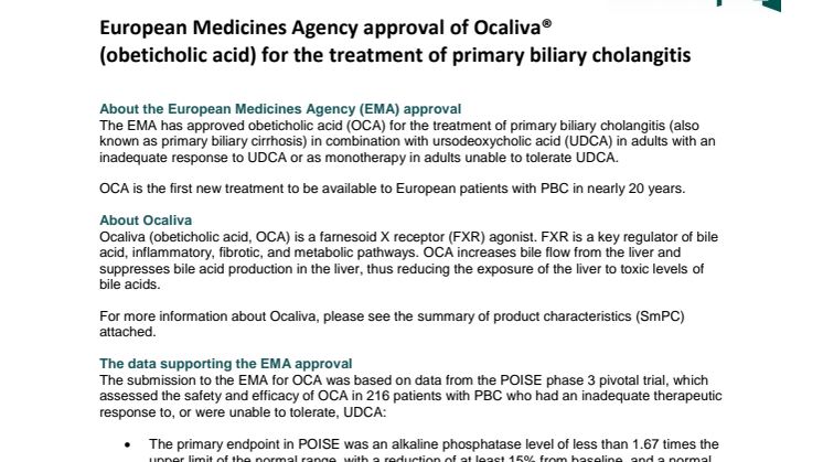 European Medicines Agency approval of Ocaliva® (obeticholic acid) for the treatment of primary biliary cholangitis