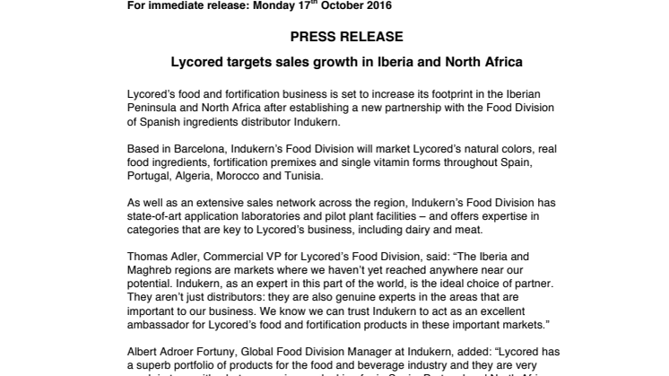 PRESS RELEASE: Lycored targets sales growth in Iberia and North Africa