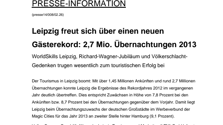 Leipzig freut sich über einen neuen Gästerekord: 2,7 Mio. Übernachtungen 2013