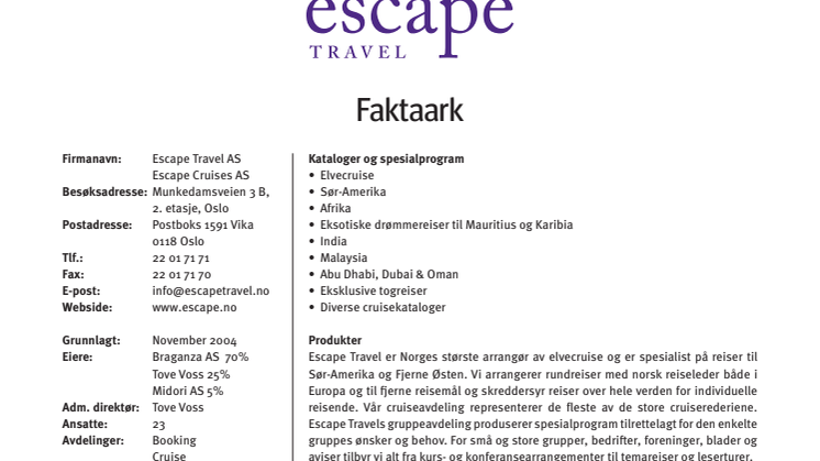 Faktaark Escape Travel