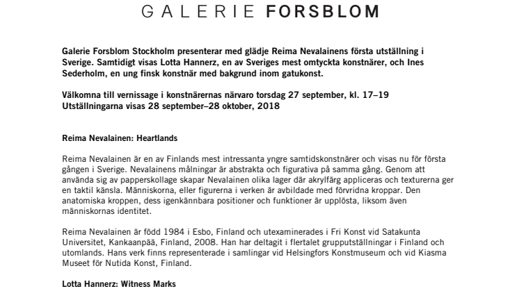 Nya utställningar på Galerie Forsblom: Reima Nevalainen, Lotta Hannerz, Ines Sederholm