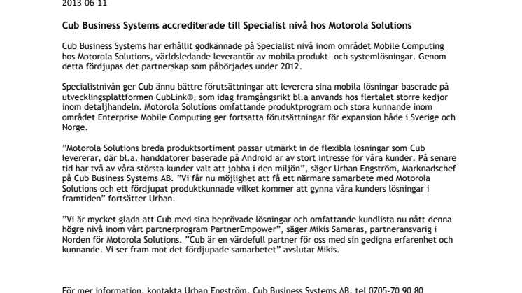 Cub Business Systems accrediterade till Specialist nivå hos Motorola Solutions 