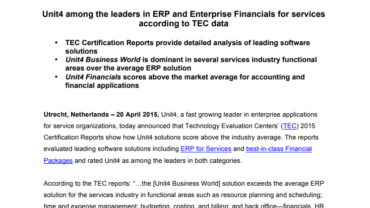 Unit4 ledare inom ERP enligt ny TEC-rapport