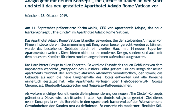 Adagio geht mit neuem Konzept „The Circle“ in Italien an den Start und stellt das neu gestaltete Aparthotel Adagio Rome Vatican vor