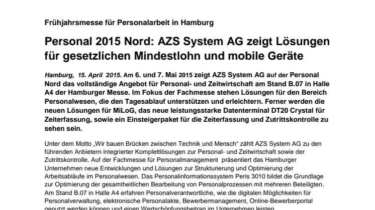 Personal 2015 Nord: AZS System AG zeigt Lösungen für gesetzlichen Mindestlohn und mobile Geräte