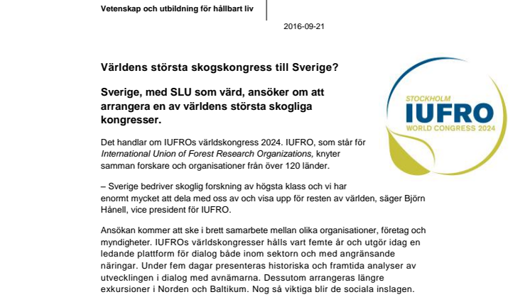 Världens största skogskongress till Sverige?