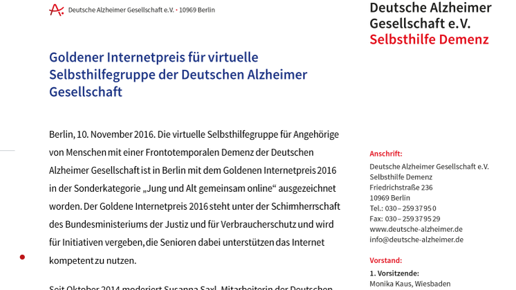 Goldener Internetpreis für virtuelle Selbsthilfegruppe der Deutschen Alzheimer Gesellschaft