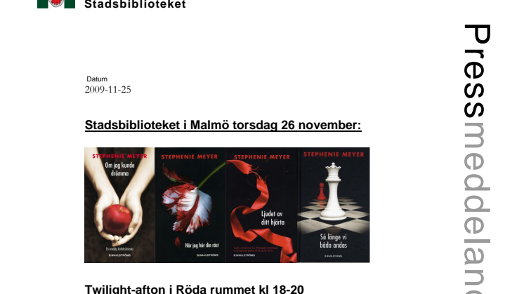 Stadsbiblioteket i Malmö torsdag 26 november:Twilight-afton i Röda rummet kl 18-20
