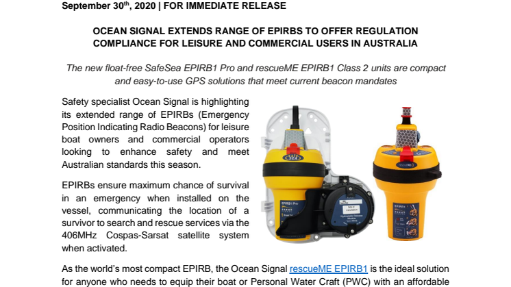 Ocean Signal Extends Range of EPIRBs to Offer Regulation Compliance for Leisure and Commercial Users in Australia