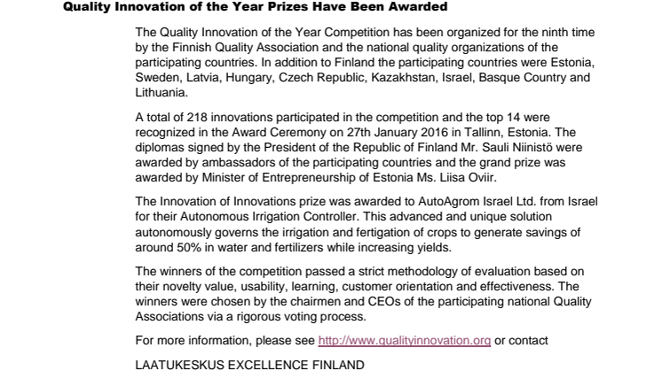 Quality Innovation of the Year International Pressrelease