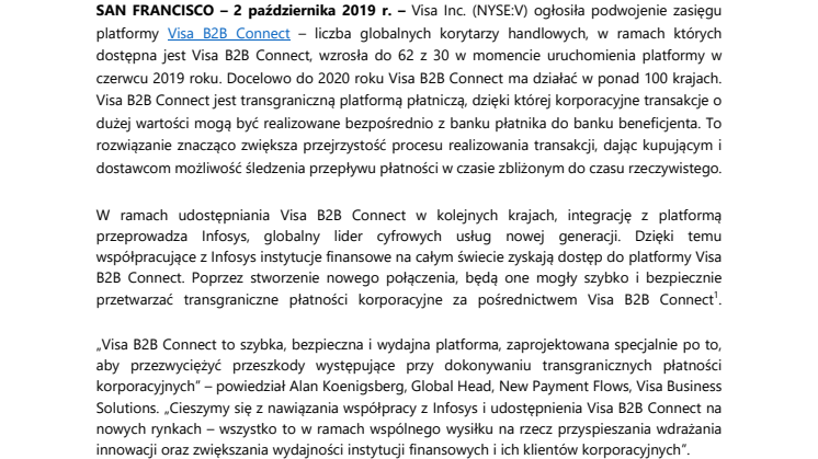 Platforma Visa B2B Connect jest dostępna w kolejnych  32 krajach i została zintegrowana z Infosys