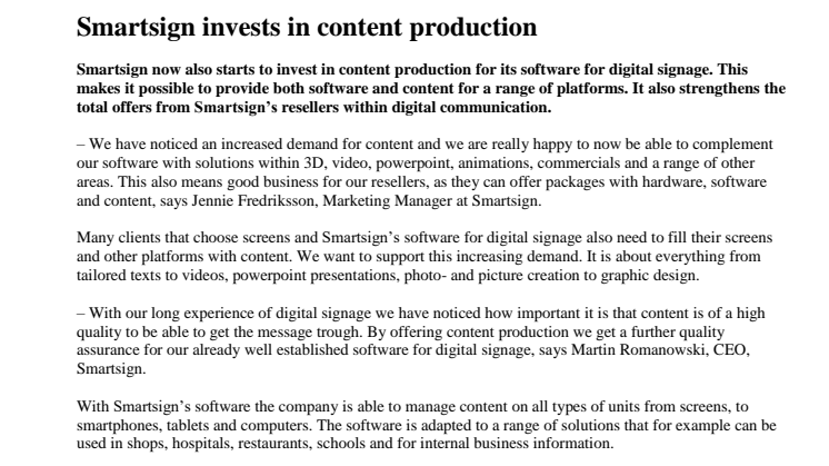 Smartsign invests in content production
