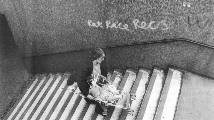Matrix co-founding member Anne Thorne carries a pram up the steps of a subway in Aldgate, East London from ‘Urban Obstacle Courses’ in Making Space: Women and the Man-Made Environment (Pluto Press, 1984). Photo: Liz Millen.