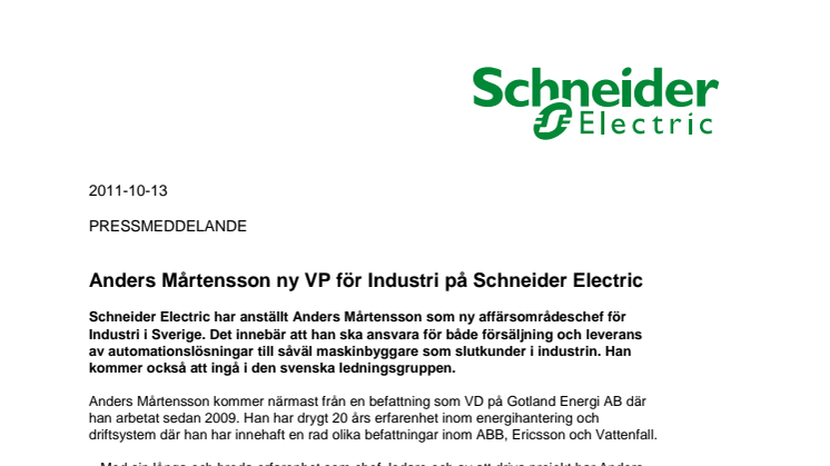 Anders Mårtensson ny VP för Industri på Schneider Electric