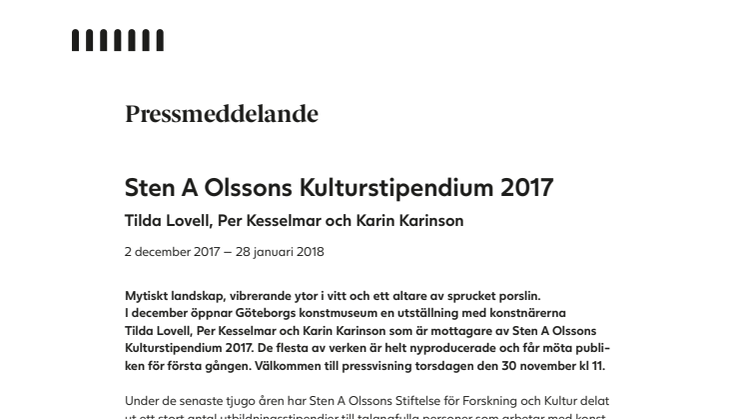Påminnelse: Pressvisning av Sten A Olssons Kulturstipendiater 2017 