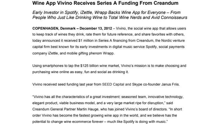 Wine App Vivino Receives Series A Funding From Creandum 