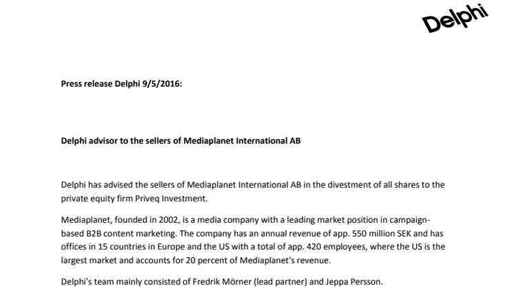 Delphi advisor to the sellers of Mediaplanet International AB