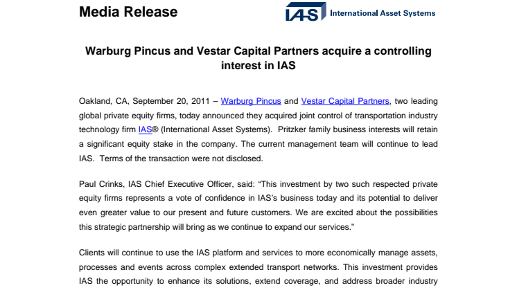 Warburg Pincus and Vestar Capital Partners acquire a controlling interest in IAS