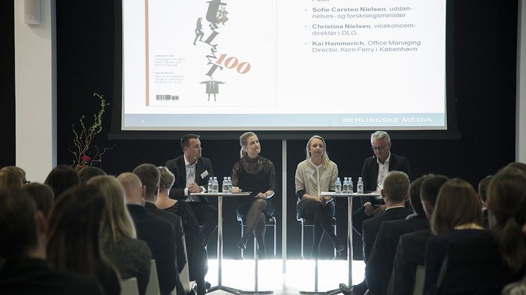 Berlingske Talent 100 fra 2015 - panel med Niels Thorup (Falck), Sofie Carsten Nielsen (uddannelses- og forskningsminister), Christina Nielsen (DLG), Kai Hammerich (Korn Ferry)