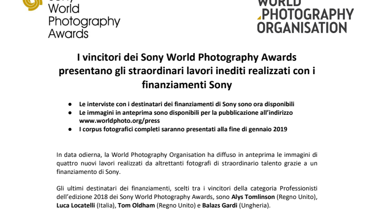 I vincitori dei Sony World Photography Awards presentano gli straordinari lavori inediti realizzati con i finanziamenti Sony 