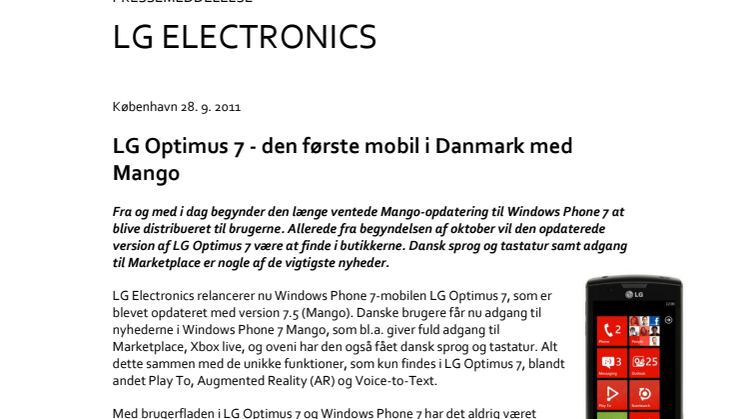 LG Optimus 7 - den første mobil i Danmark med Mango