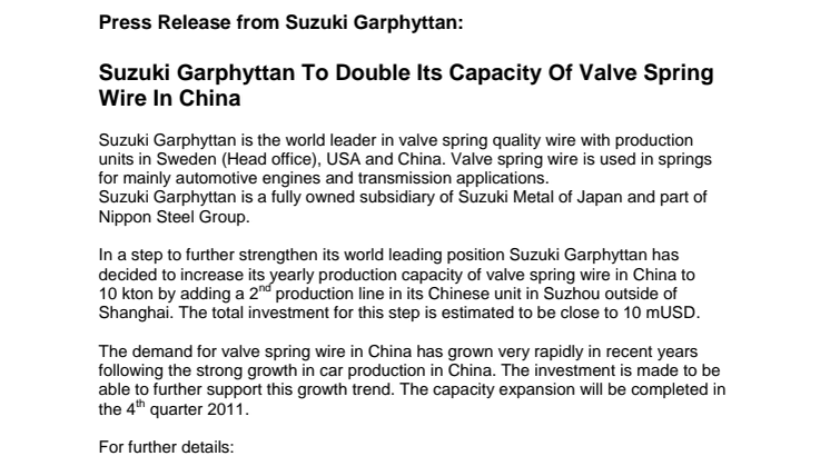 Suzuki Garphyttan To Double Its Capacity Of Valve Spring Wire In China