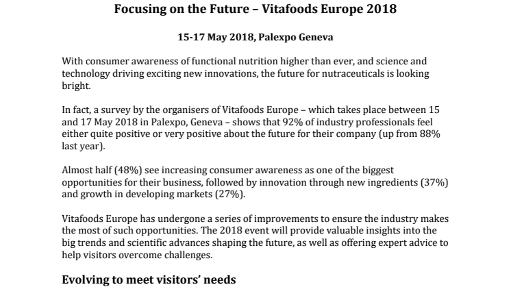 PRESS RELEASE: Focusing on the Future - Official Event Preview for Vitafoods Europe 2018