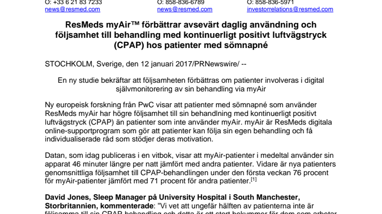 ResMeds myAir™ förbättrar avsevärt daglig användning och följsamhet till behandling med kontinuerligt positivt luftvägstryck (CPAP) hos patienter med sömnapné