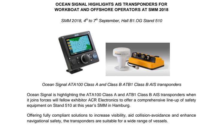 Ocean Signal Highlights AIS Transponders for Workboat and Offshore Operators at SMM 2018