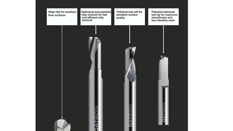 Datron End Mill 4-in-1 med plolerat skär, polerad spånkanal, pantenterad och balanserad verktygsspets för optimerade fräsresultat. 