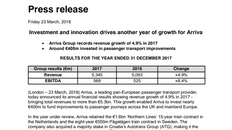 Investment and innovation drives another year of growth for Arriva