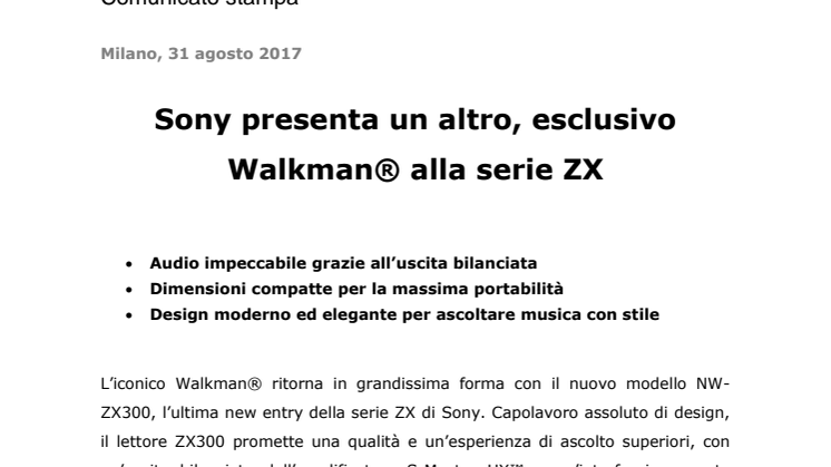 Sony presenta un altro, esclusivo Walkman® alla serie ZX