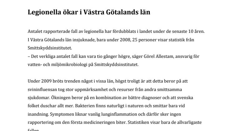 Legionella ökar i Västra Götalands län