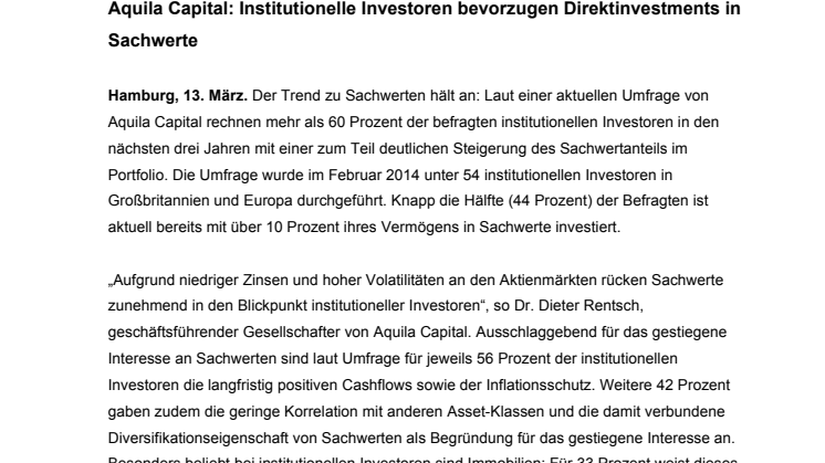 Aquila Capital: Institutionelle Investoren bevorzugen Direktinvestments in Sachwerte