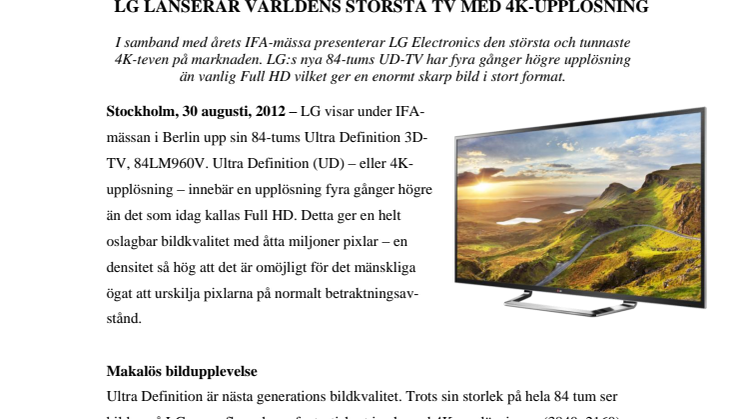 LG LANSERAR VÄRLDENS STÖRSTA TV MED 4K-UPPLÖSNING