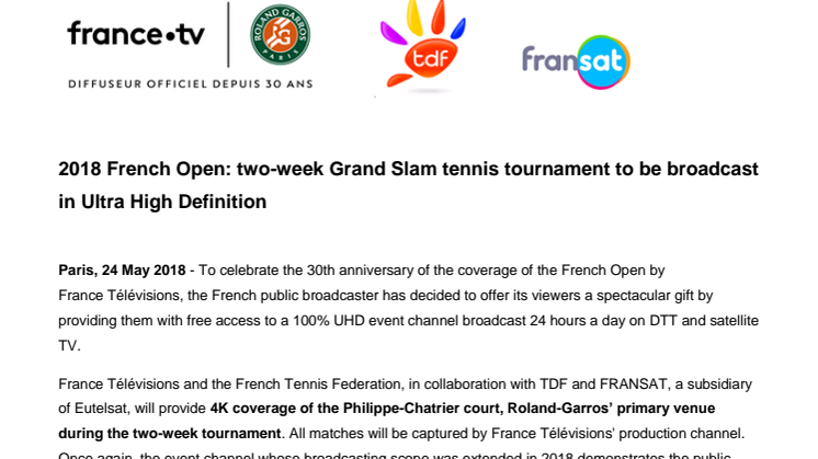 2018 French Open: two-week Grand Slam tennis tournament to be broadcast in Ultra High Definition 