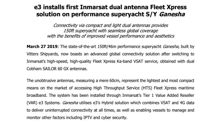 e3 installs first Inmarsat dual antenna Fleet Xpress solution on performance superyacht S/Y Ganesha