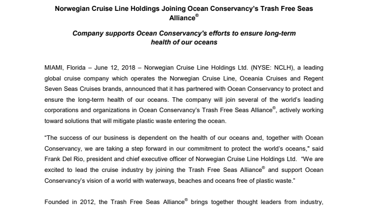 Norwegian Cruise Line Holdings Joining Ocean Conservancy’s Trash Free Seas Alliance®